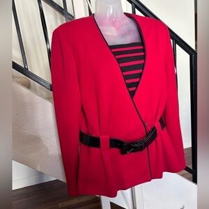 Vintage Leslie Fay Red and Black Jacket Suit Coat with Black Belt Sz Wom…​​​